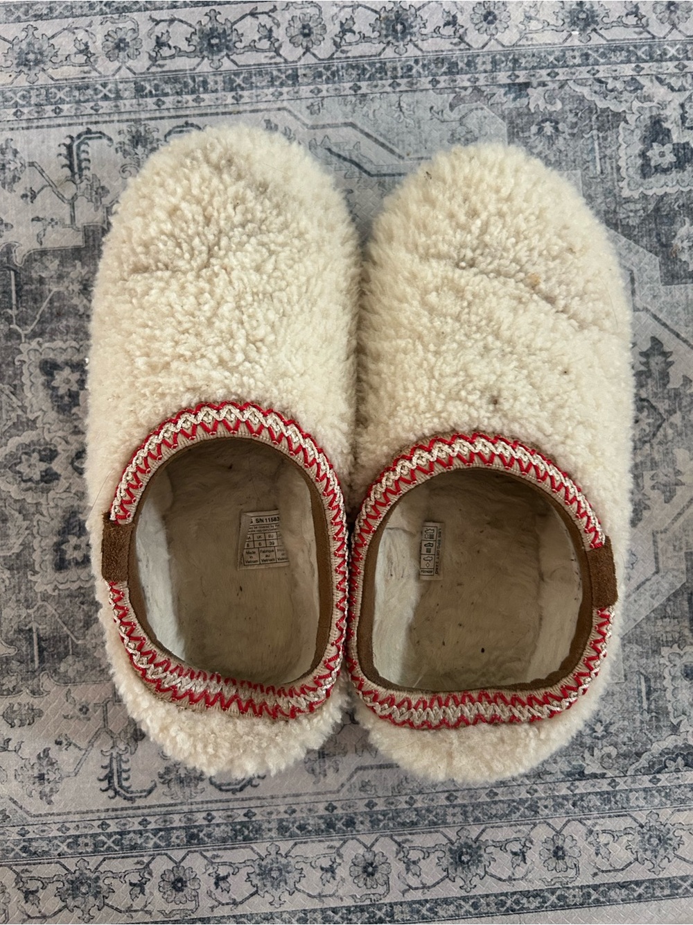 UGG Cream Sherpa Slip-On Slippers with Red Trim